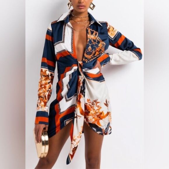 AKIRA Long Sleeves Collared Satin Tie Front Mini Tunic Dress Size S - Picture 1 of 13